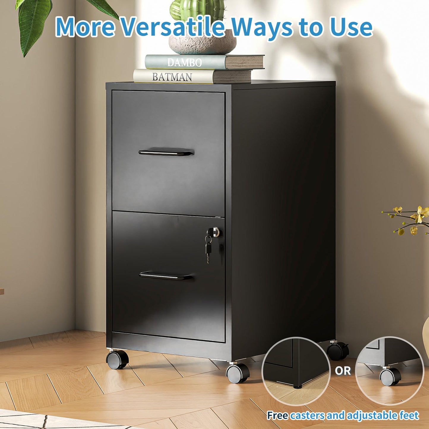 VIYET Mobile 2-Drawer Metal File Cabinet with Lock & Wheels, Rolling Under Desk Filing Cabinet for Home Office Storage