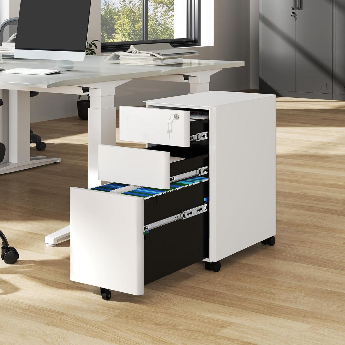 VIYET 3-Drawer Mobile File Cabinet with Lock - All-Steel Anti-Tip Design, Shallow + Deep Drawer, White for Office/Home (Fits A4/Letter)