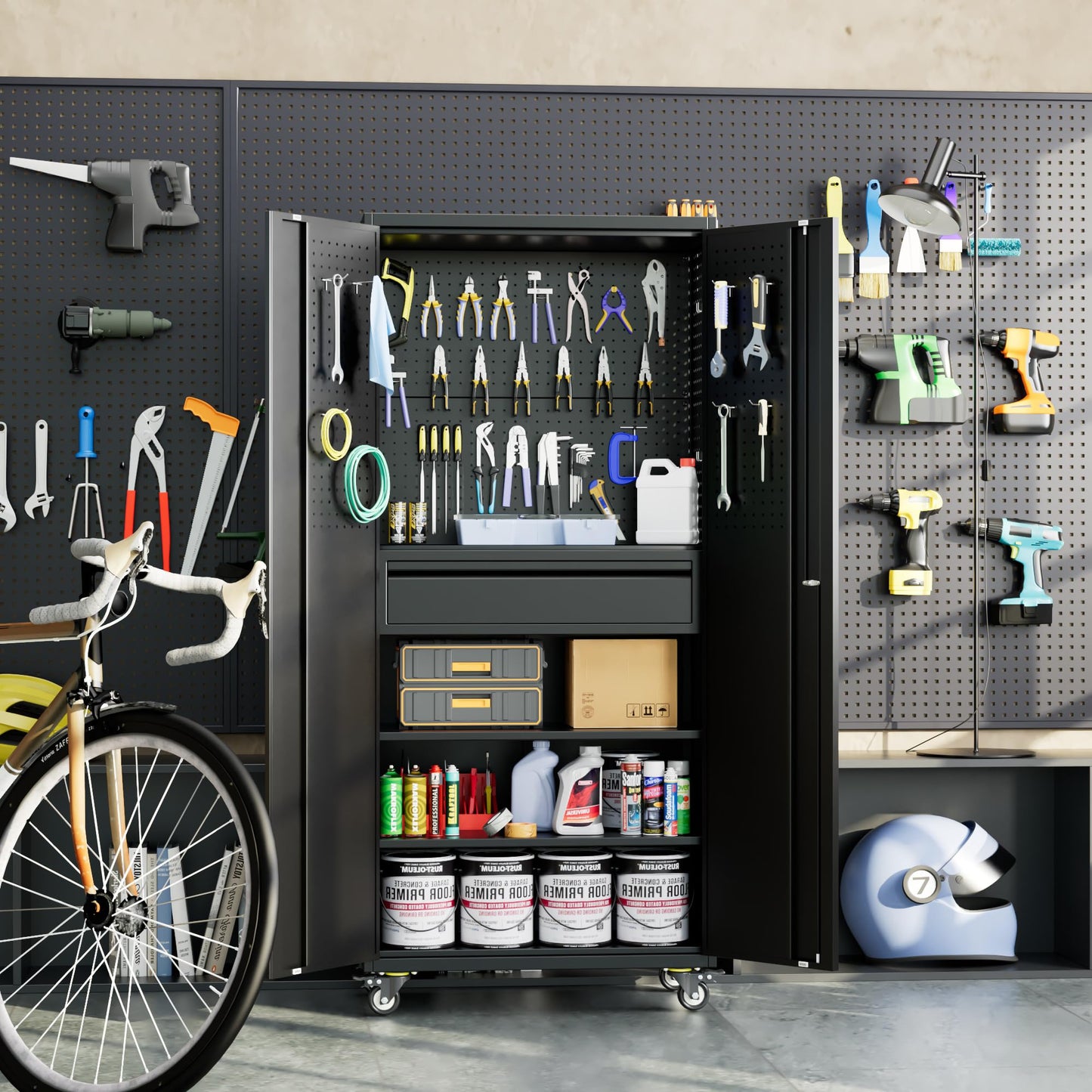 VIYET 71"H All-Black Heavy-Duty Metal Garage Storage Cabinet with Wheels, 700LBS Capacity, 2 Locking Doors + 3 Adjustable Shelves for Home/Office/Garage