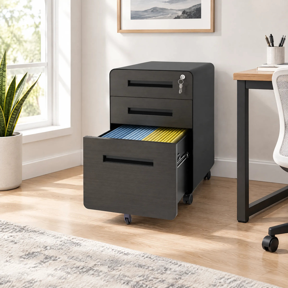 VIYET 3 Drawer Mobile File Cabinet with Lock, Fully Assembled Rolling Steel Filing Cabinet with Locking Casters, Anti-Tip Under Desk Office Storage