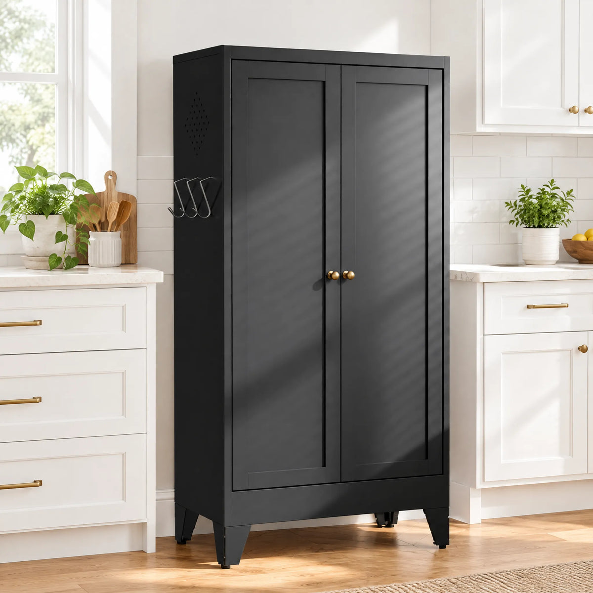 VIYET 47" Metal Pantry Cabinet, Freestanding Kitchen Storage Cabinet with 3 Adjustable Shelves, Slim Organizer for Pantry & Living Room