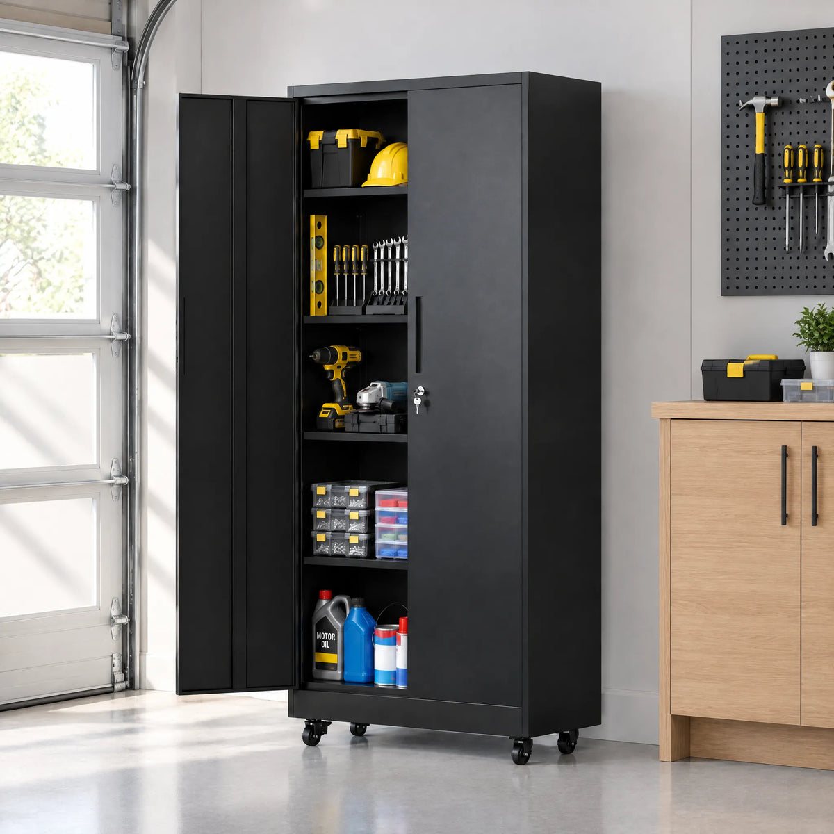 VIYET 71" Rolling Metal Garage Storage Cabinet with Lock, 4 Adjustable Shelves, Heavy Duty Steel Tool Cabinet on Wheels for Garage, Workshop & Office