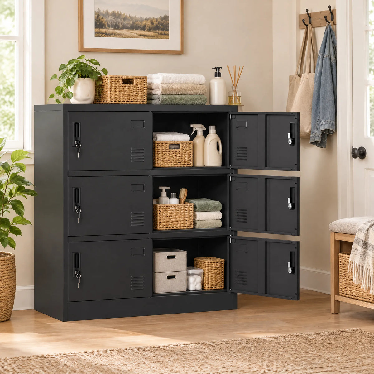 VIYET 6-Door Metal Storage Locker with Lock and Card Slot, Freestanding Office, Gym, School & Home Storage Cabinet, Durable Black Steel