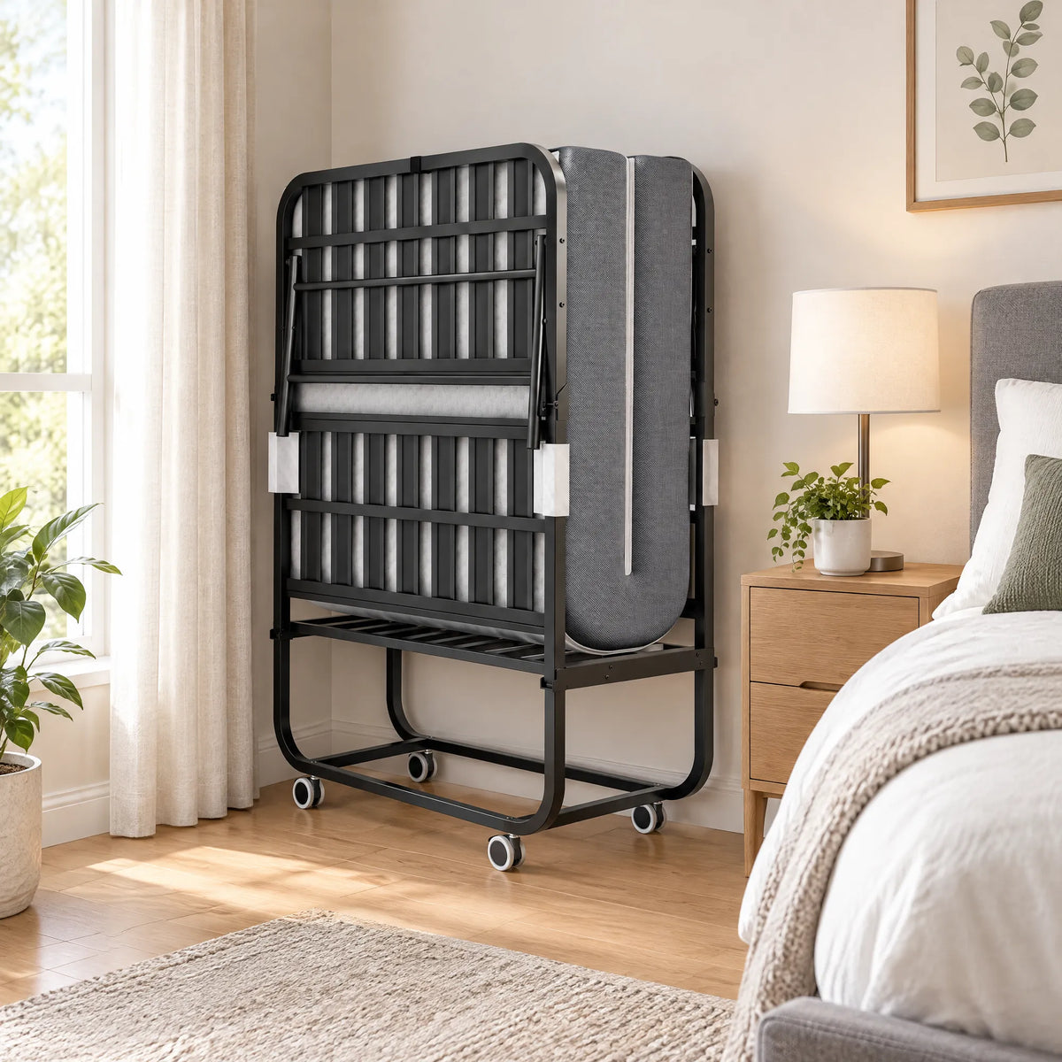 VIYET 75" Extra Long Folding Bed with 5" Memory Foam Mattress, 450 Lbs Capacity, Rollaway Guest Bed with Wheels, Twin Size, Black