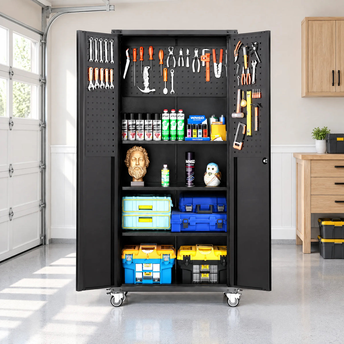 VIYET 71" Garage Storage Cabinet with Wheels, Locking Steel Doors & Adjustable Shelves, Heavy Duty Metal Organizer