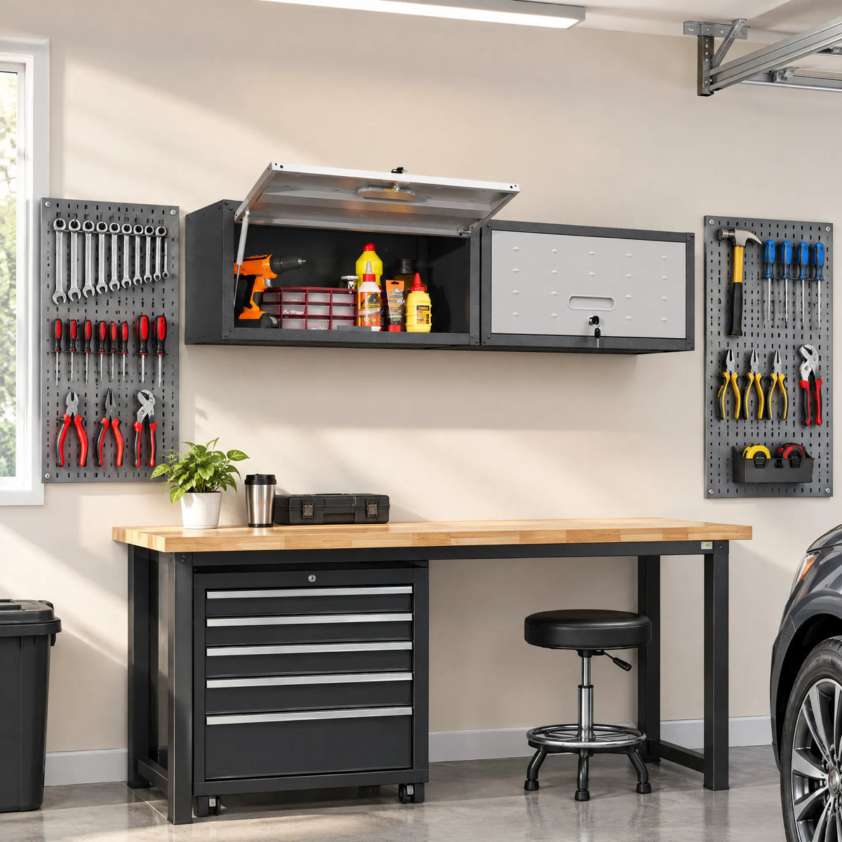 VIYET Wall Mounted Garage Cabinet, Lockable Metal Tool Storage Cabinet with Lift-Up Door, 120 Lbs Capacity, Steel Workshop Organizer