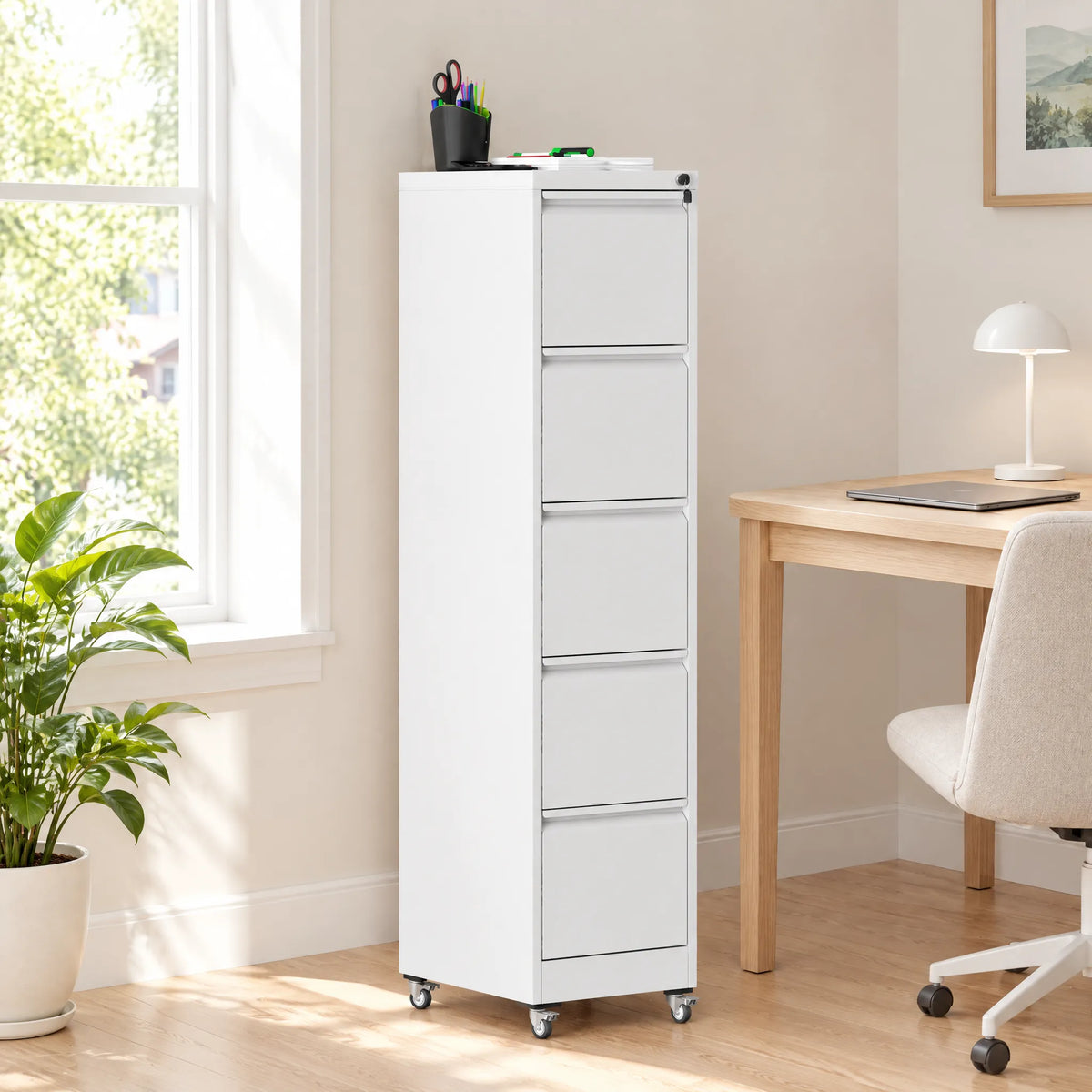 VIYET 5 Drawer Vertical File Cabinet, Metal Rolling Filing Cabinet with Lock, Fits A4, Letter & Legal Files, Home Office Storage
