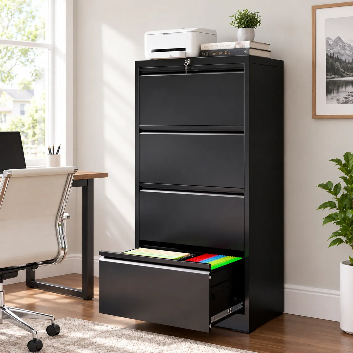 VIYET 4 Drawer Lateral File Cabinet, Metal Filing Cabinet with Lock, Wide Steel Office Storage for Letter, Legal, A4 & F4 Files