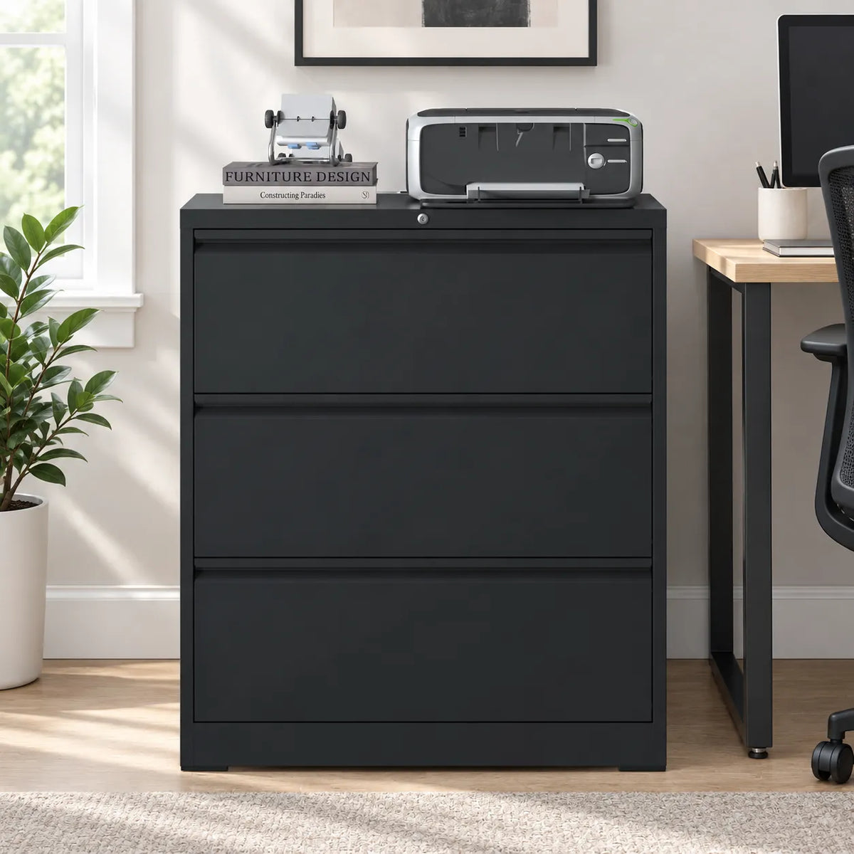 VIYET Heavy-Duty 3-Drawer Lockable Lateral File Cabinet, Anti-Tilt Metal Office Storage for Letter, Legal & A4 Documents