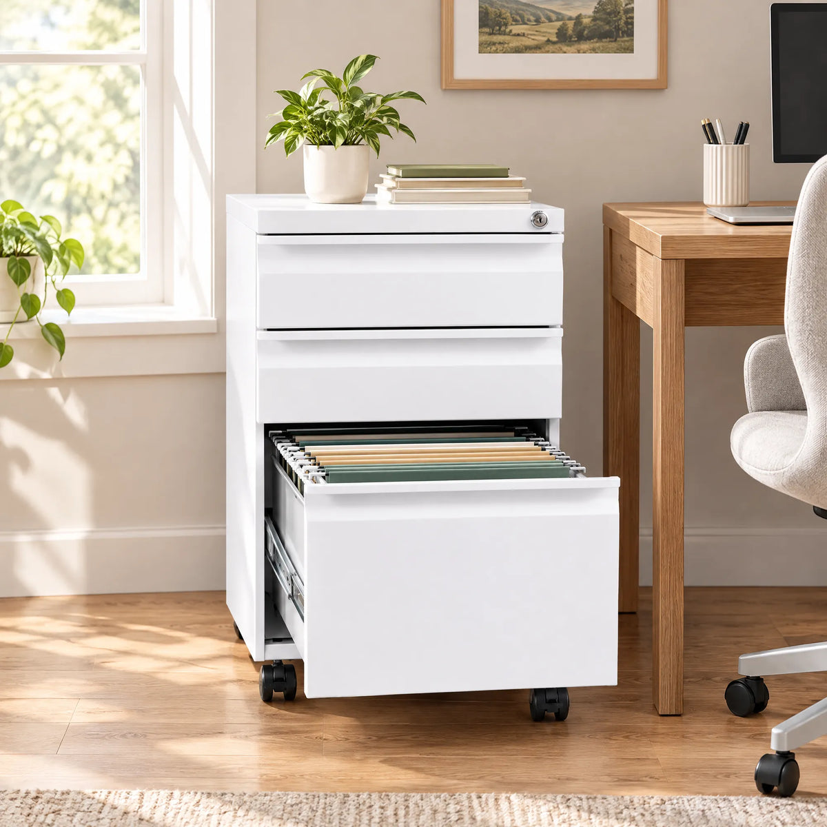 VIYET 3-Drawer Mobile File Cabinet with Lock, Rolling Metal Filing Cabinet for Home Office, Fits Letter, Legal & A4 Files, White
