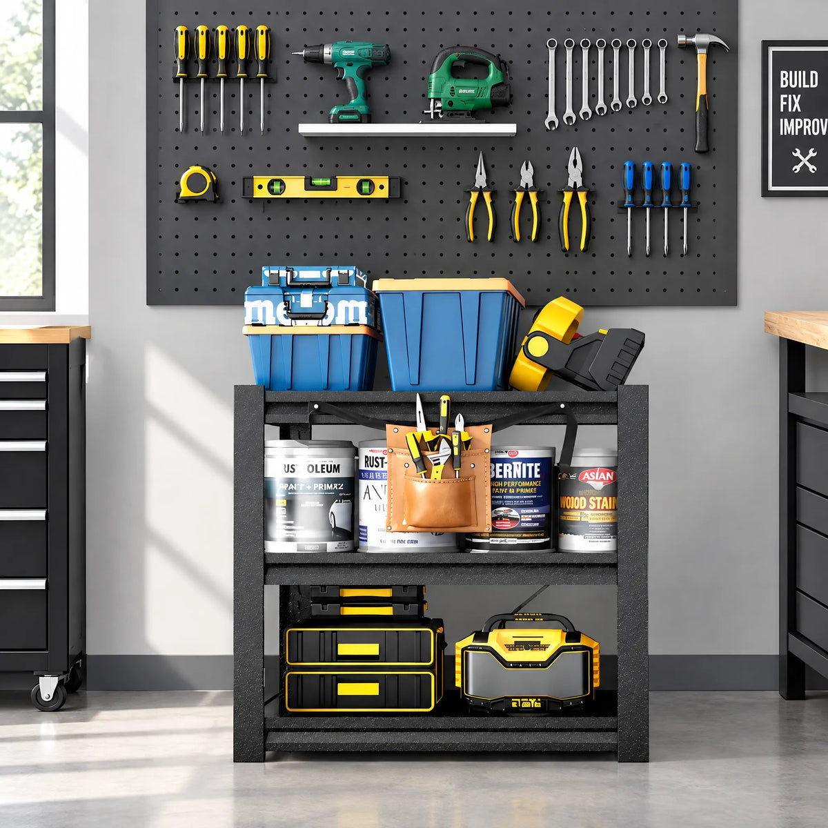VIYET Heavy Duty 3 Tier Metal Garage Shelving, Adjustable Steel Storage Rack, 2500 LBS Utility Shelf for Garage, Workshop & Warehouse, Black