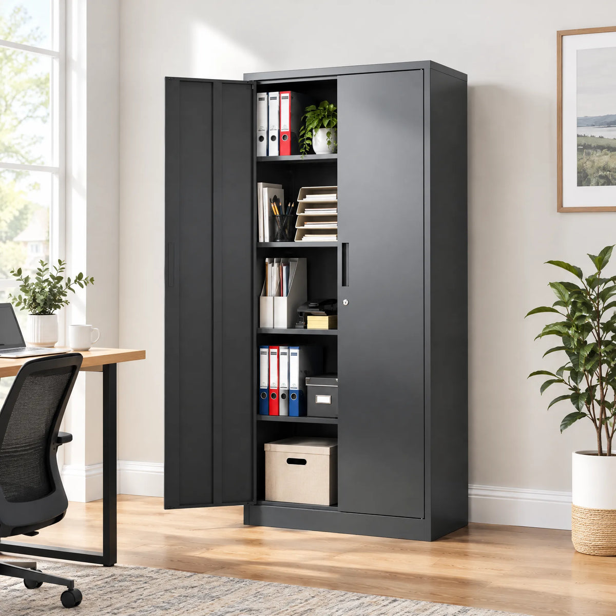 VIYET 72" Metal Garage Storage Cabinet, Lockable Steel Utility Cabinet with 4 Adjustable Shelves, 180 Lbs per Shelf, Double Doors, Black