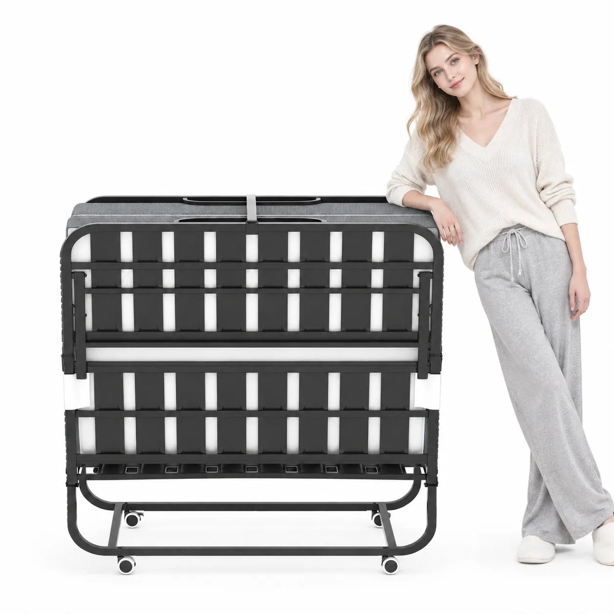 VIYET Folding Bed with Adjustable Headboard, 3.9" Memory Foam Mattress, 450LB Heavy Duty Rollaway Guest Bed with Wheels for Adults