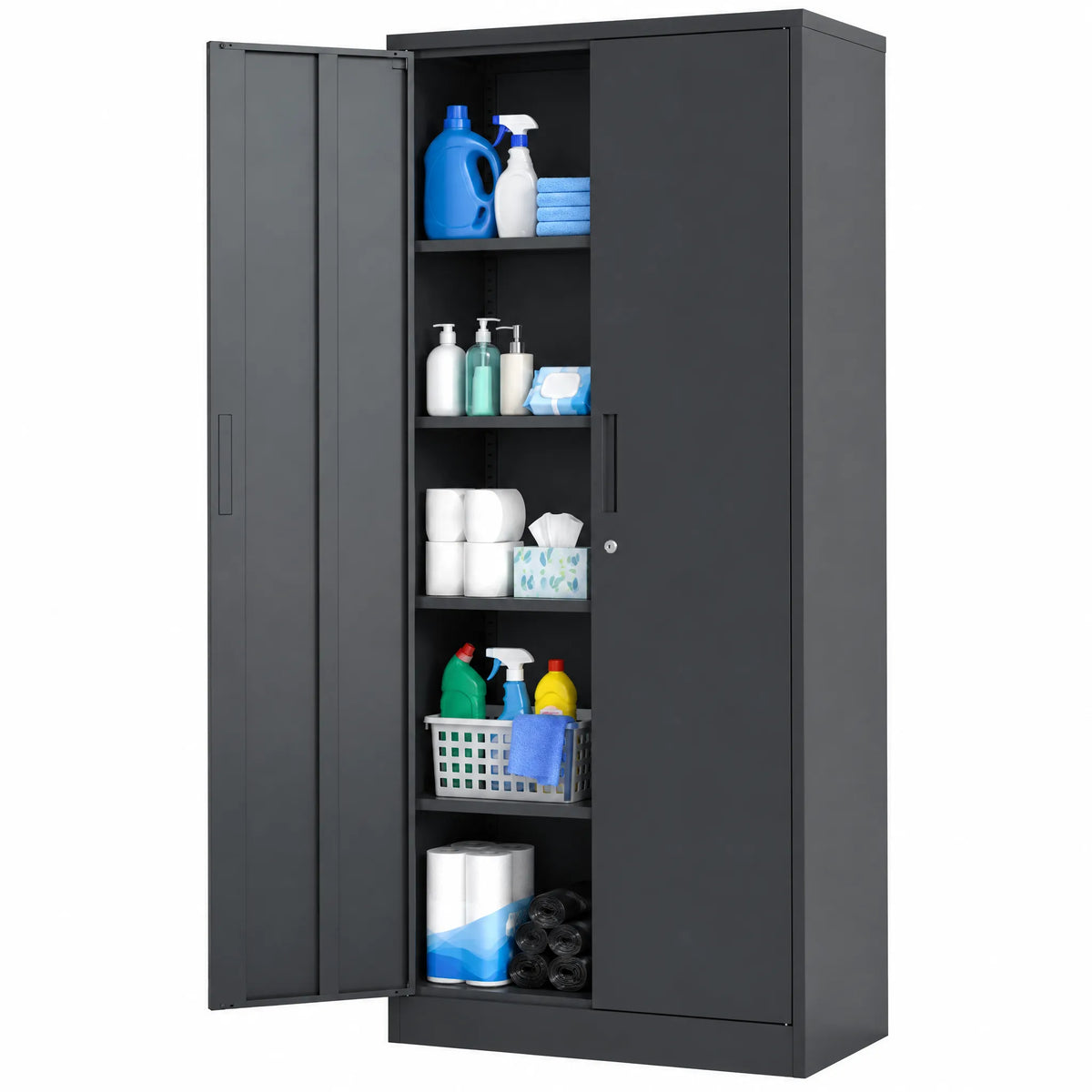 VIYET 72" Metal Garage Storage Cabinet, Lockable Steel Utility Cabinet with 4 Adjustable Shelves, 180 Lbs per Shelf, Double Doors, Black