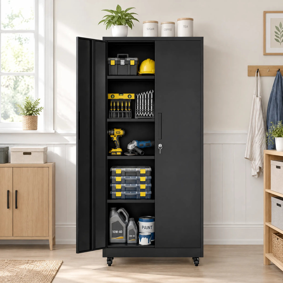 VIYET 71" Rolling Metal Garage Storage Cabinet with Lock, 4 Adjustable Shelves, Heavy Duty Steel Tool Cabinet on Wheels for Garage, Workshop & Office