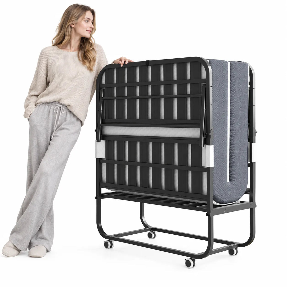 VIYET Twin Folding Rollaway Guest Bed with 3.9" Memory Foam Mattress, 450LB Heavy Duty Portable Bed with Wheels, Extra Long