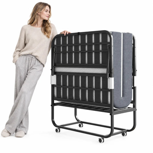 VIYET Twin Folding Rollaway Guest Bed with 3.9" Memory Foam Mattress, 450LB Heavy Duty Portable Bed with Wheels, Extra Long