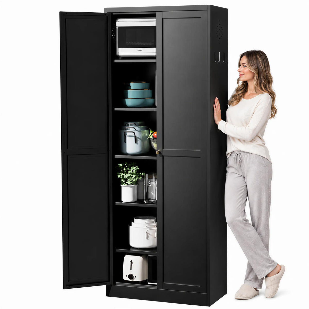 VIYET 72" Black Metal Pantry Cabinet with Doors, 5 Adjustable Shelves, Freestanding Kitchen Storage Cabinet for Pantry, Bathroom & Home