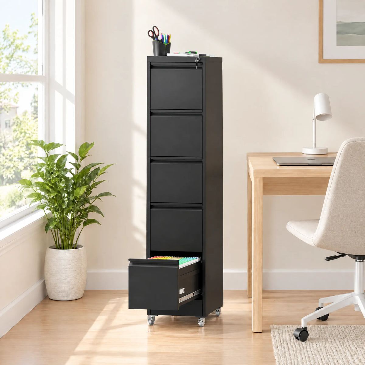 VIYET 5 Drawer Vertical File Cabinet, Metal Rolling Filing Cabinet with Lock, Fits A4, Letter & Legal Files, Home Office Storage