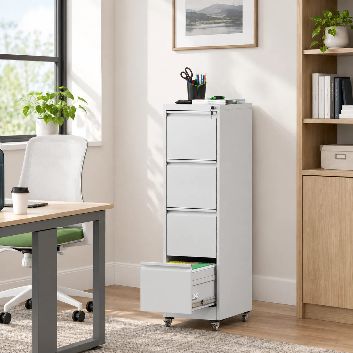 VIYET 4 Drawer Vertical File Cabinet, Metal Locking Filing Cabinet with Wheels, Legal & Letter File Storage, Anti-Tip Office Cabinet