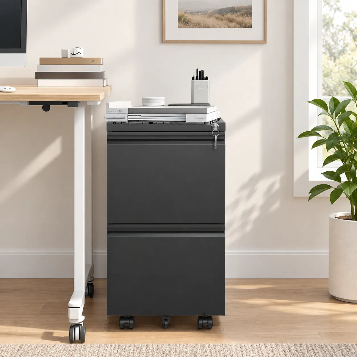 VIYET 2 Drawer Mobile File Cabinet, Rolling Filing Cabinet with Lock, 5 Casters, Fully Assembled, Fits Legal, Letter & A4 Files