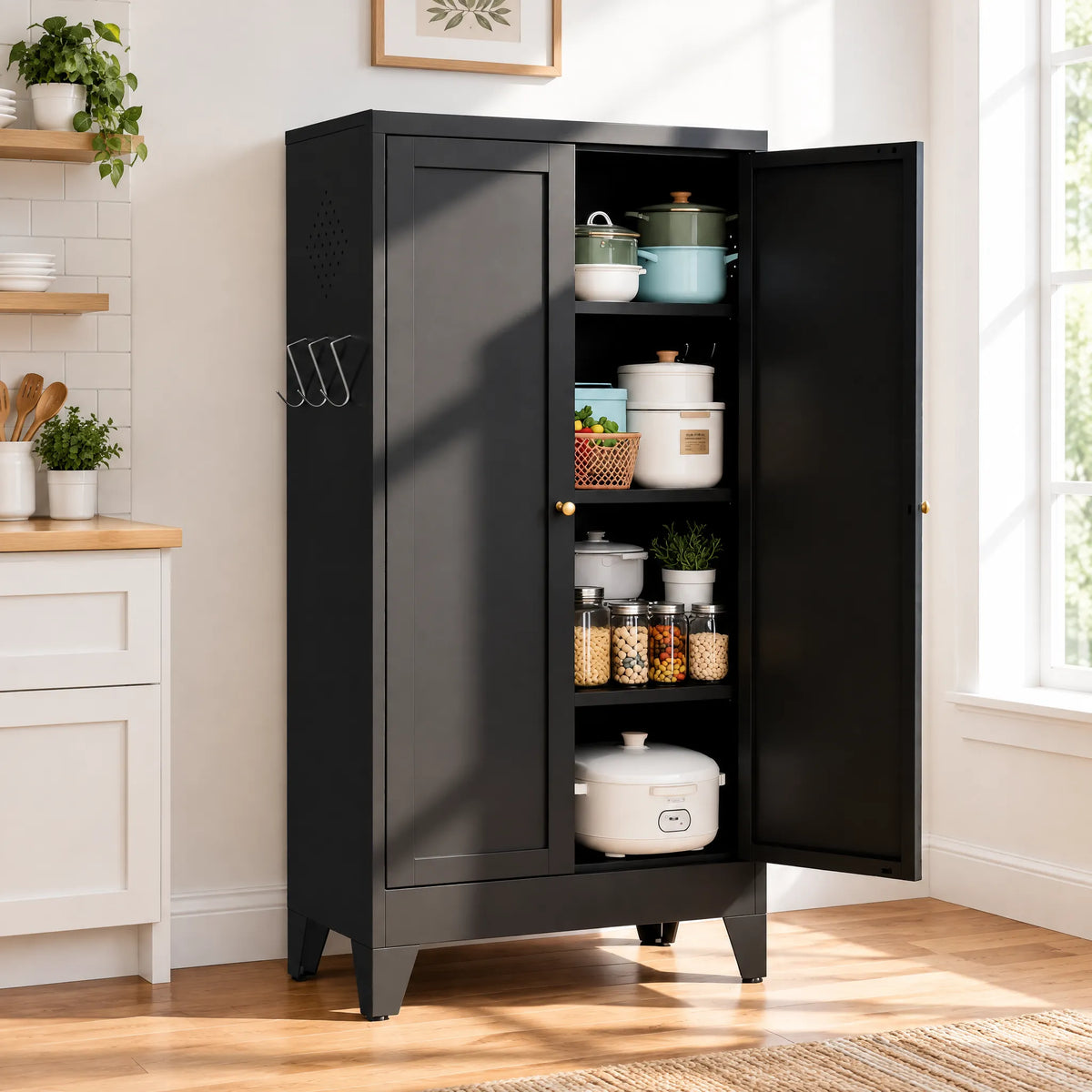 VIYET 47" Metal Pantry Cabinet, Freestanding Kitchen Storage Cabinet with 3 Adjustable Shelves, Slim Organizer for Pantry & Living Room