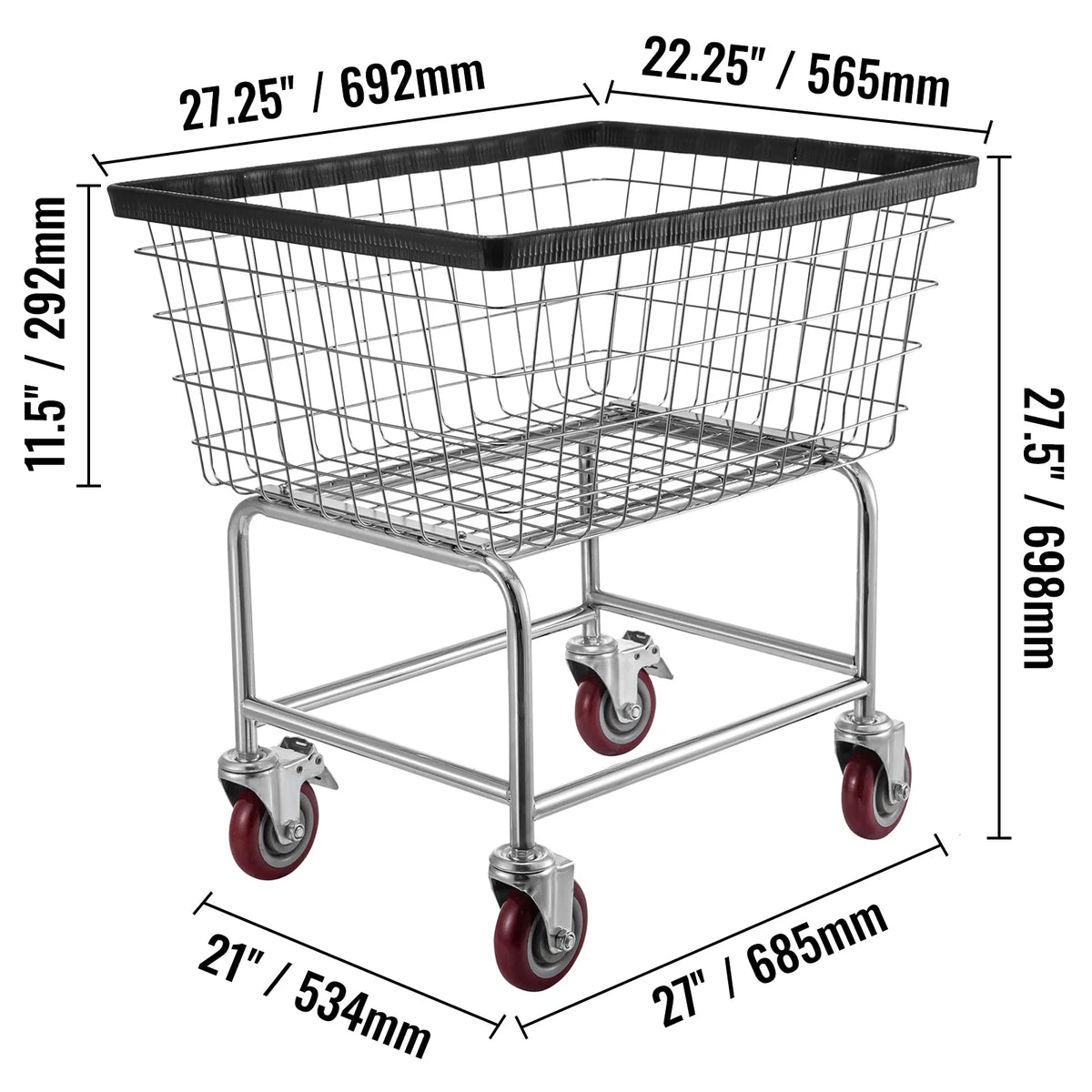 VEVOR 2.8 bushel wire laundry cart with chrome steel frame and four swivel casters
