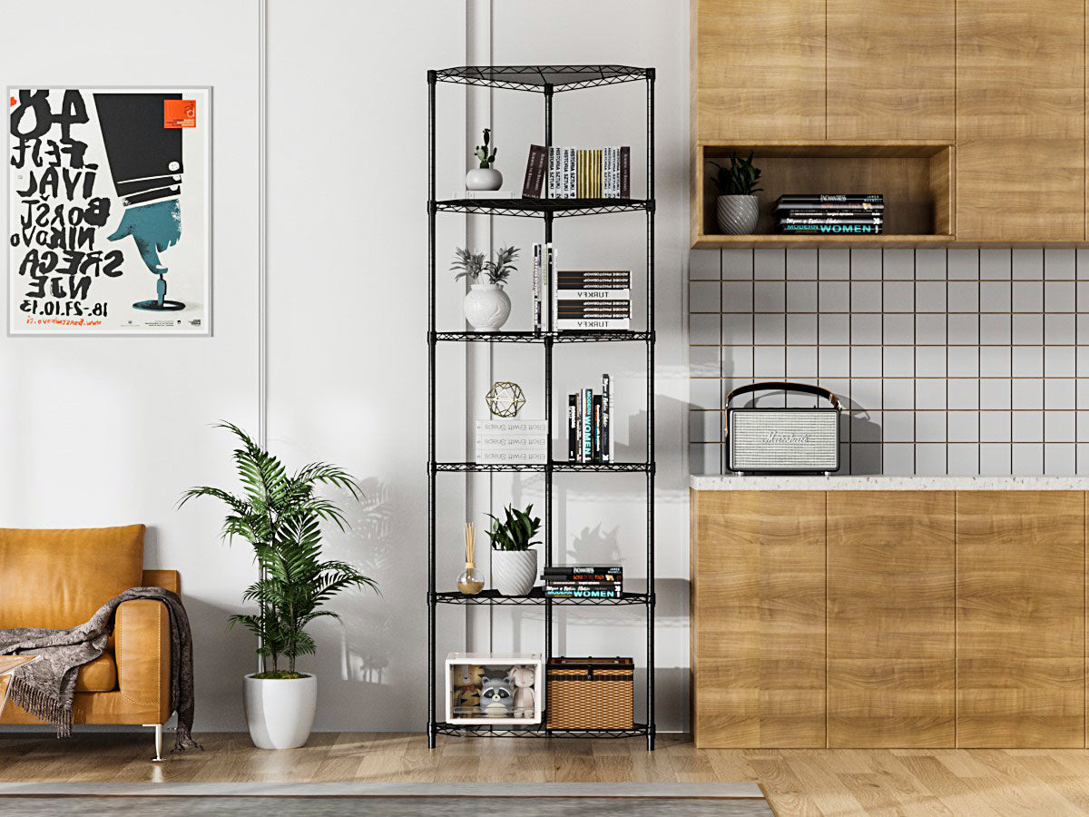 VIYET 72" 6-Tier Corner Wire Shelf Rack - Black Chrome Adjustable Metal, NSF Certified 600LBS