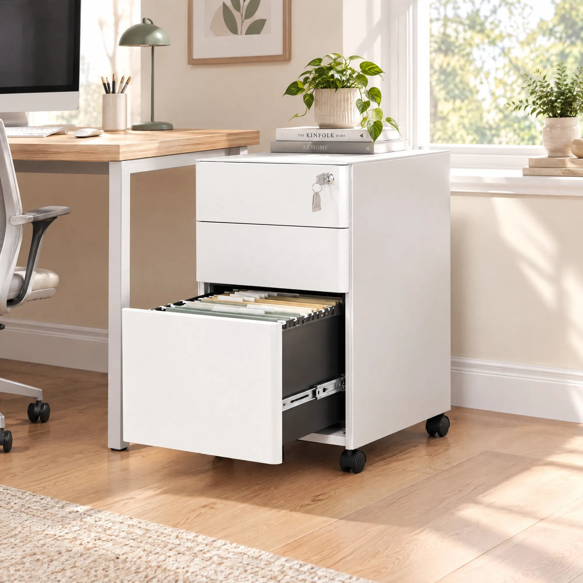 VIYET 3 Drawer Mobile File Cabinet with Lock, Steel Under Desk Rolling Filing Cabinet, Anti-Tip Design for Home Office