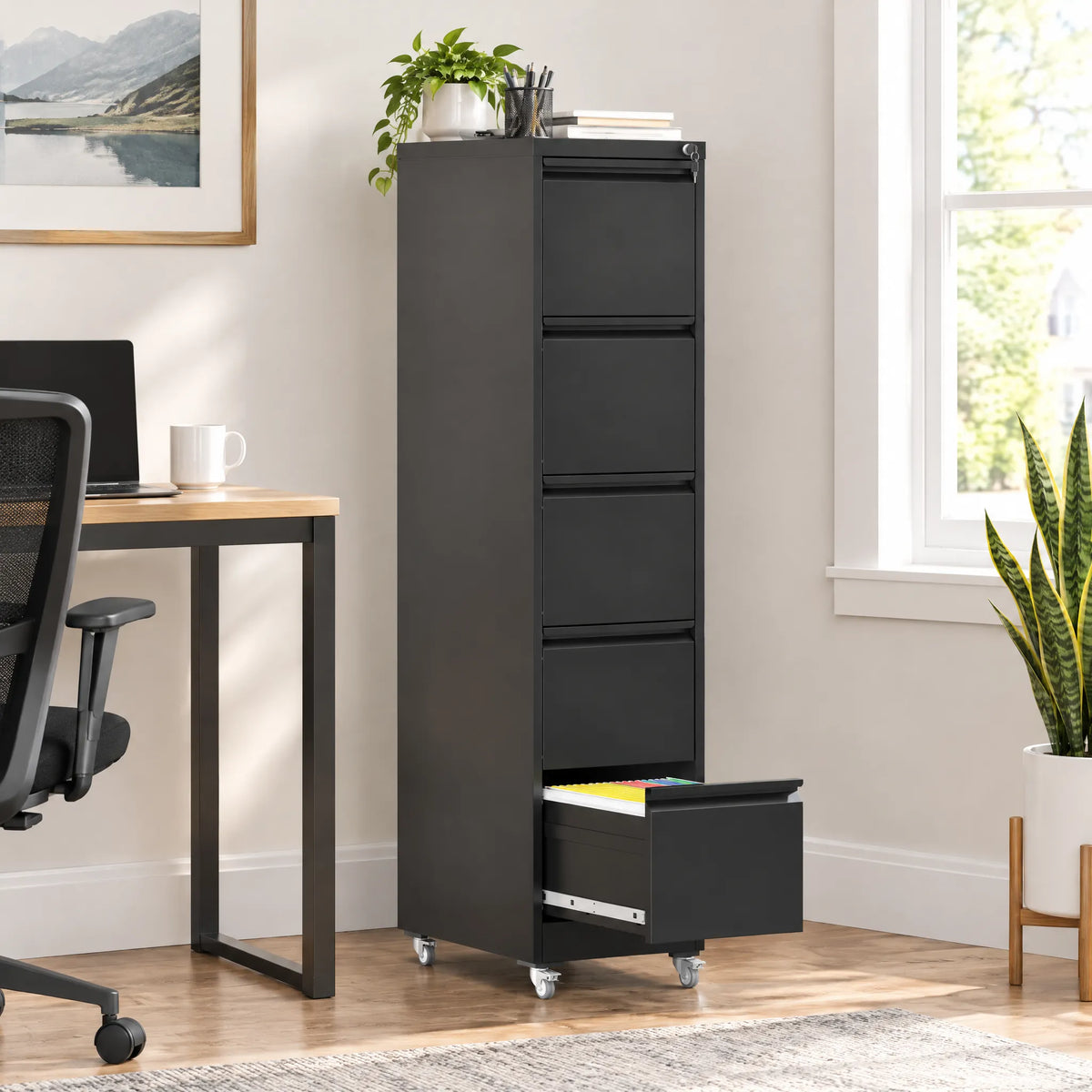 VIYET 5-Drawer Mobile File Cabinet with Lock, 64" Tall Vertical Metal Filing Cabinet with Wheels for Home Office, Legal & Letter Size